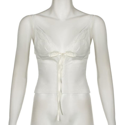 Bowknot ribbon lace hem backless solid cami top