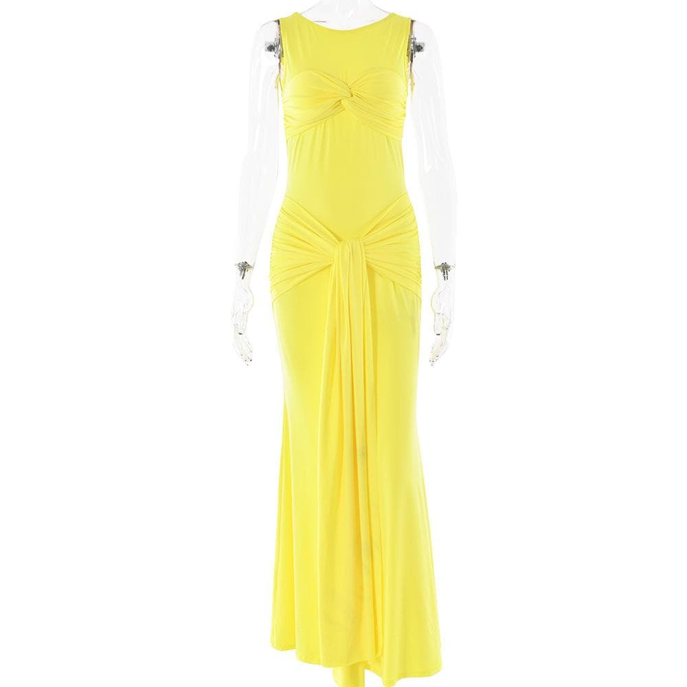 Sleeveless crewneck ruched knotted solid maxi dress