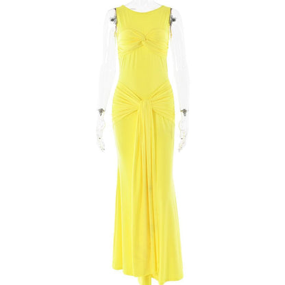 Sleeveless crewneck ruched knotted solid maxi dress