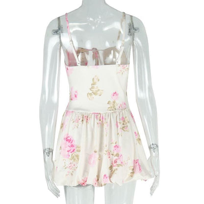 Flower print padded self tie cami mini dress