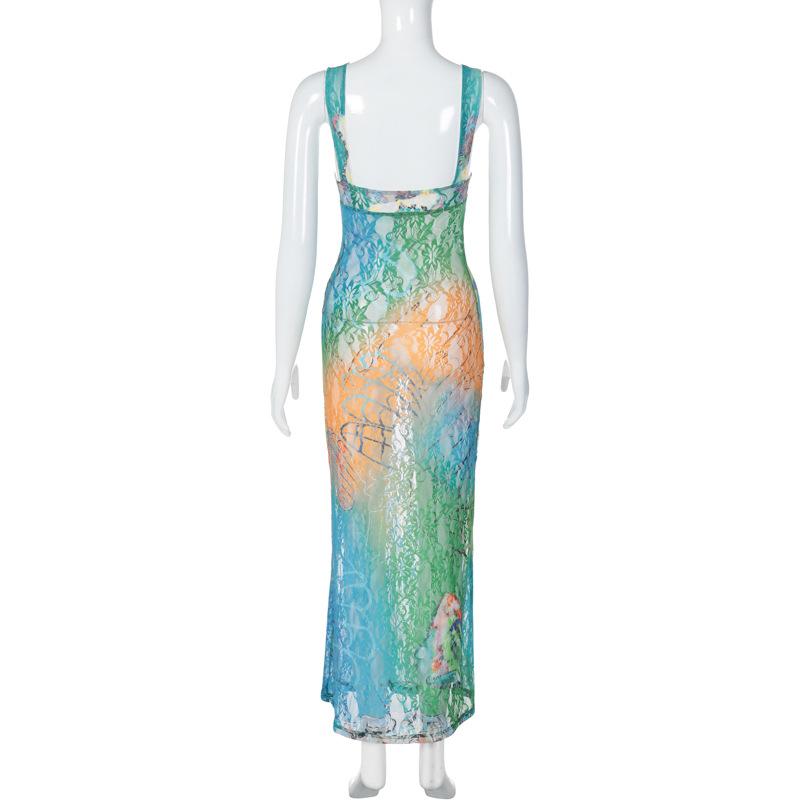 Hollow out butterfly pattern lace tie dye cut out maxi dress