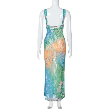 Hollow out butterfly pattern lace tie dye cut out maxi dress