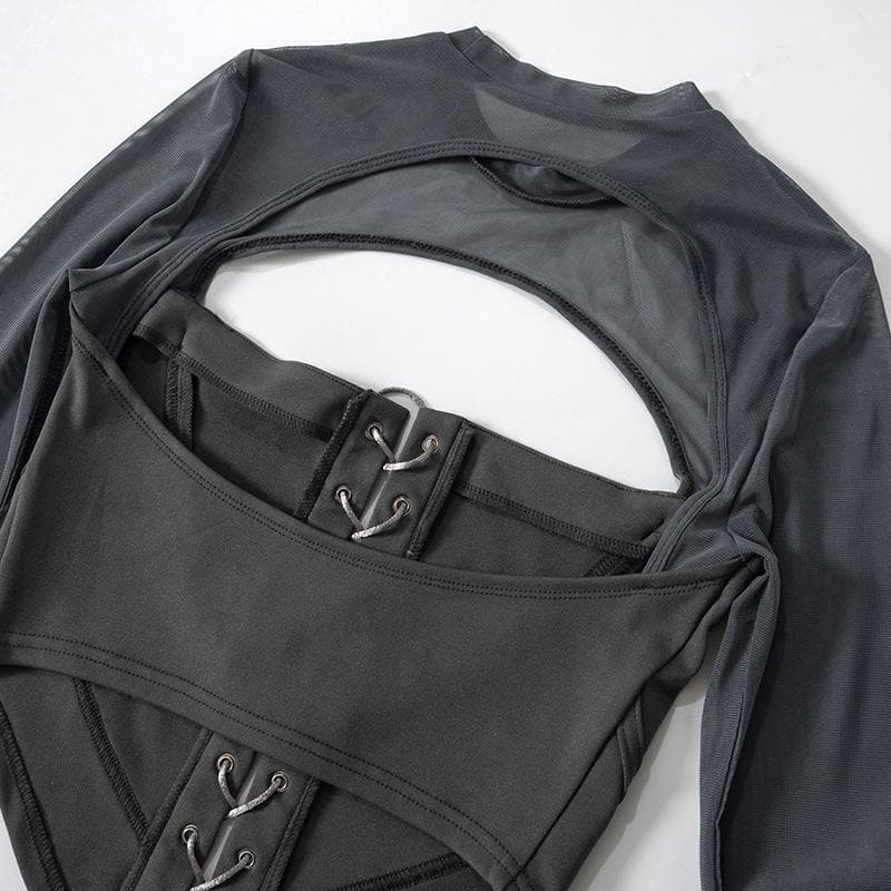 Lace up flared sleeve crewneck corset hollow out backless cut out top