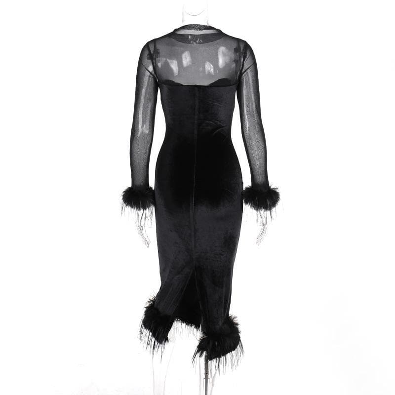 Mesh High Neck Velvet Corset Feather Trim Midi Dress