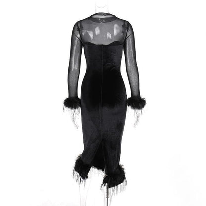 Mesh High Neck Velvet Corset Feather Trim Midi Dress