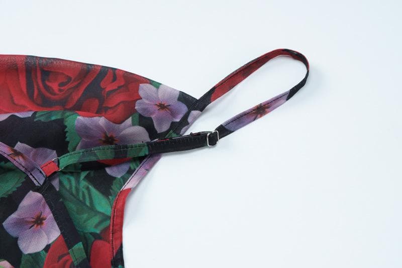 Cowl neck flower print zip-up contrast backless cami maxi dress