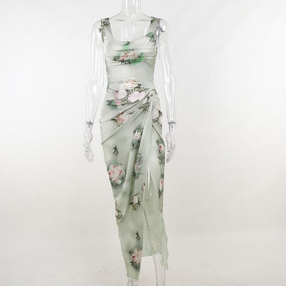 Flower print cowl neck contrast slit ruched sleeveless maxi skirt set
