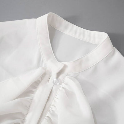 Long flared sleeve ruched ruffle button solid top
