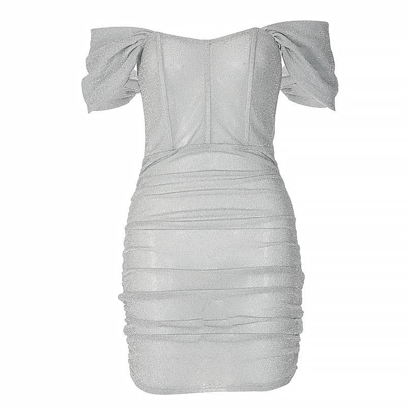 Off Shoulder Corset Sparkle Ruched Puff Sleeve Bodycon Mini Dress