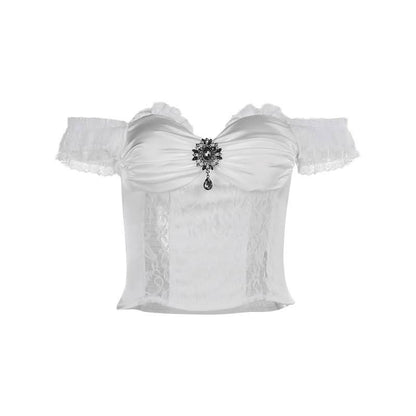 Lace hem off shoulder ruched smocked top