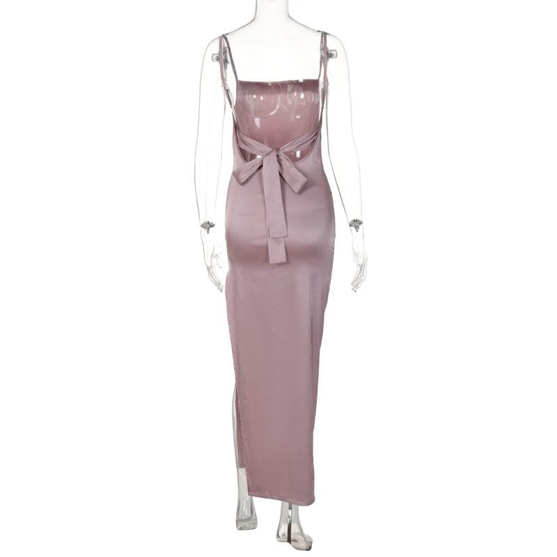 Square Neck Spaghetti Strap Side Slit Satin Midi Dress
