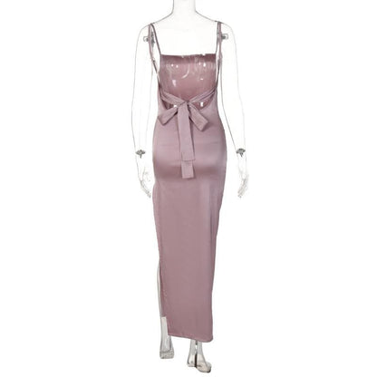 Square Neck Spaghetti Strap Side Slit Satin Midi Dress