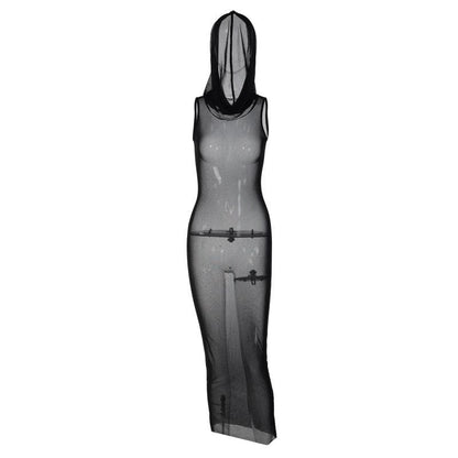 Sheer Mesh Mock Neck Sleeveless Bodycon Maxi Dress