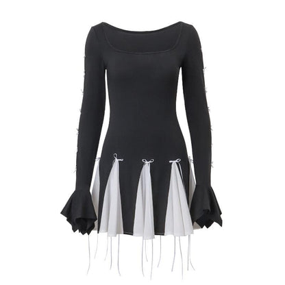 Long flared sleeve bowknot self tie u neck contrast patchwork mini dress