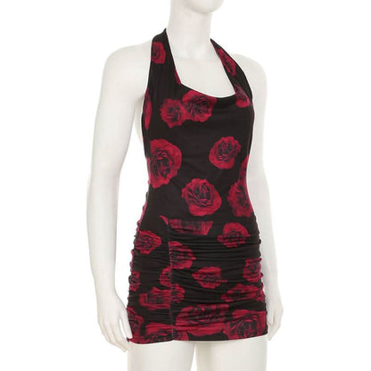 Flower print halter self tie u neck ruched mini dress
