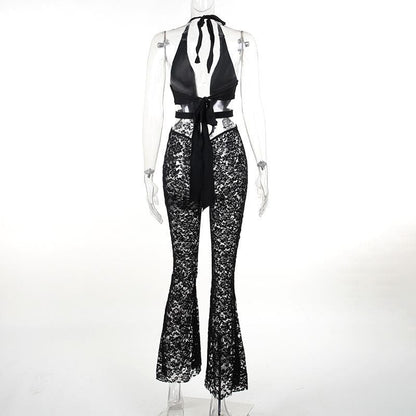 Lace see through halter backless low cut patchwork jumpsuit