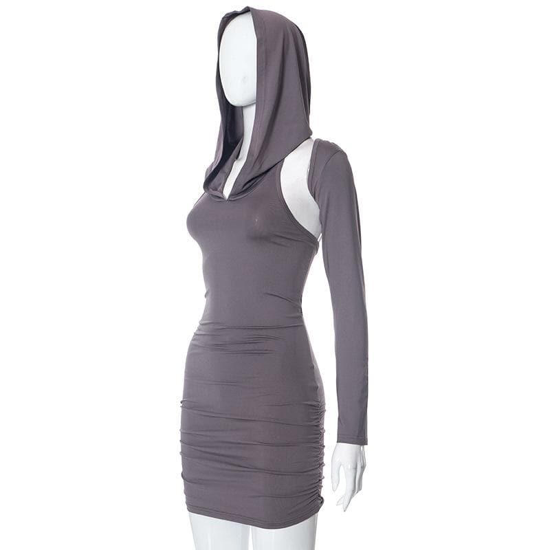 Hooded Cold Shoulder Ruched Long Sleeve Bodycon Mini Dress