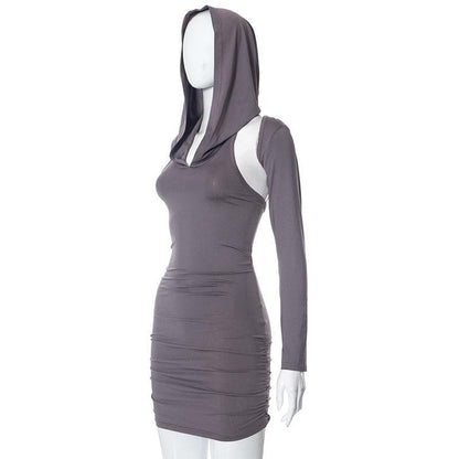 Hooded Cold Shoulder Ruched Long Sleeve Bodycon Mini Dress