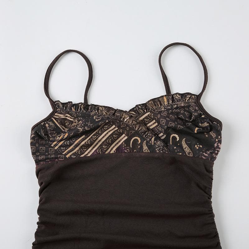 Ruffle v neck print patchwork ruched cami top