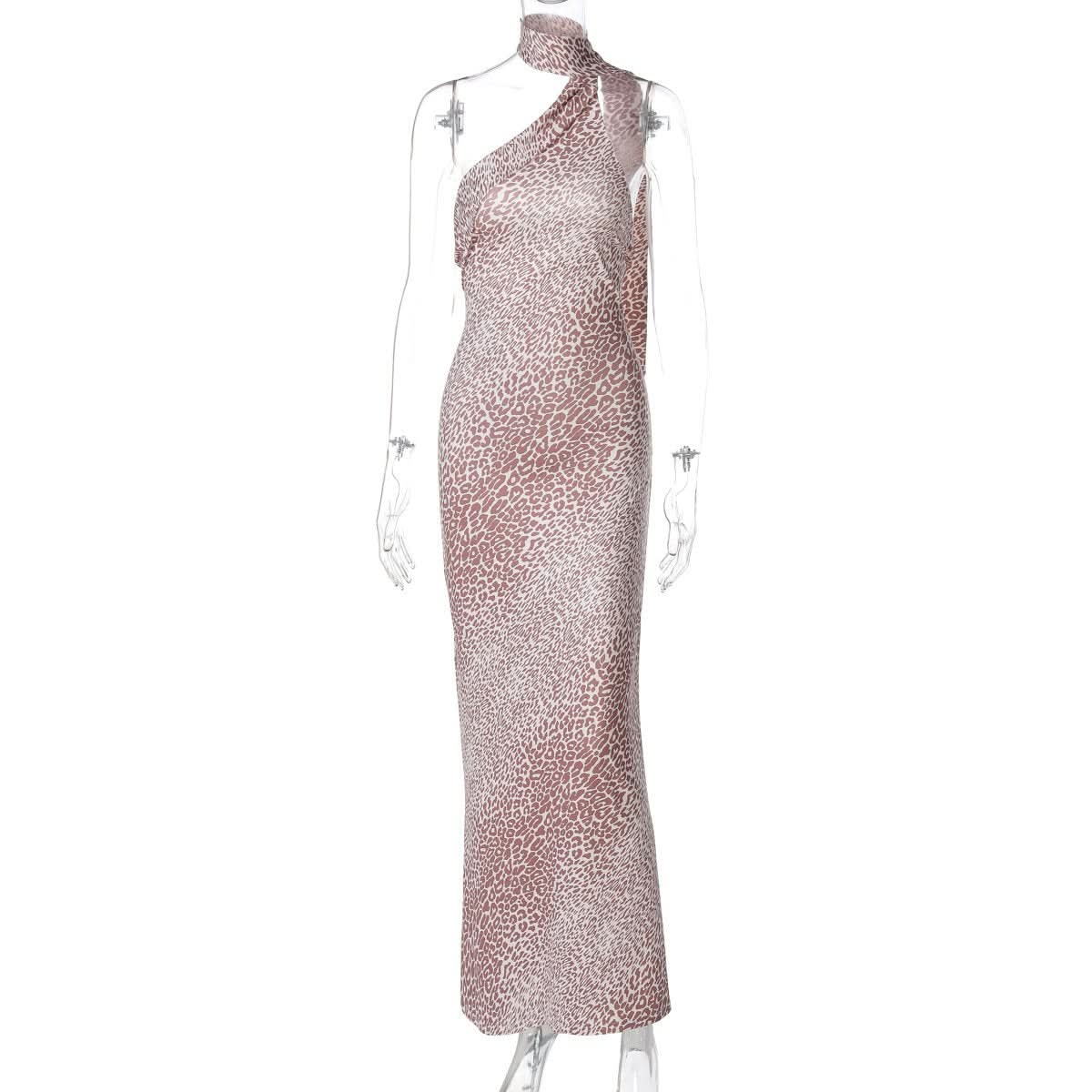 Irregular halter leopard print contrast maxi dress