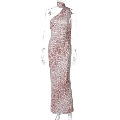 Irregular halter leopard print contrast maxi dress