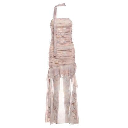 Tie dye ruched ruffle tube midi dress