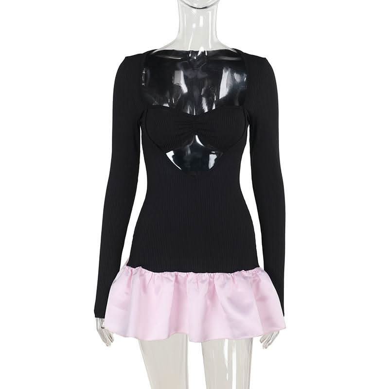 Long sleeve hollow out ribbed ruffle v neck cut out mini dress