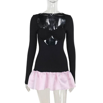Long sleeve hollow out ribbed ruffle v neck cut out mini dress