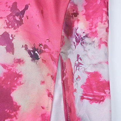Cowl neck ruched print slit cami midi dress