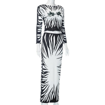 Abstract long sleeve contrast backless self tie maxi skirt set
