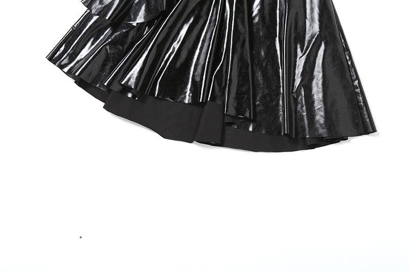Halter PU leather lace patchwork ruched drawstring mini dress