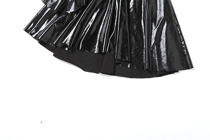 Halter PU leather lace patchwork ruched drawstring mini dress