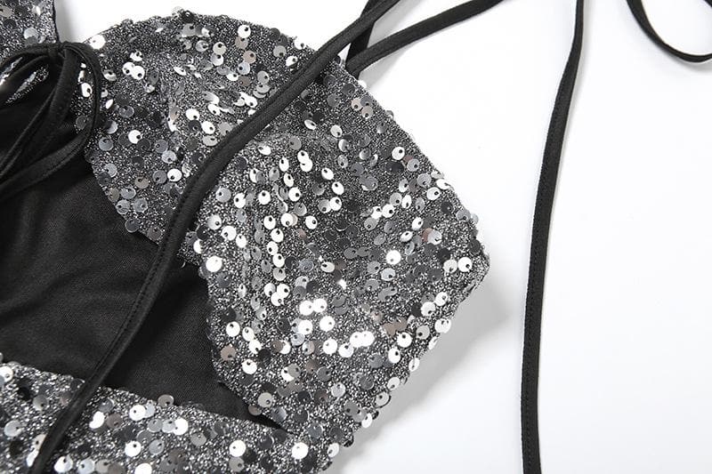 Glitter hollow out self tie backless v neck cami cut out top