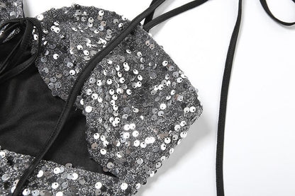 Glitter hollow out self tie backless v neck cami cut out top