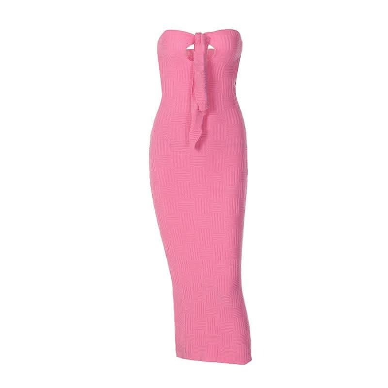 Hollow out knitted backless self tie solid textured tube cut out maxi dress-final-sale