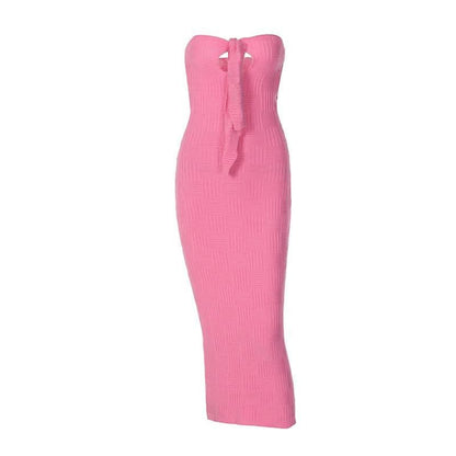 Hollow out knitted backless self tie solid textured tube cut out maxi dress-final-sale