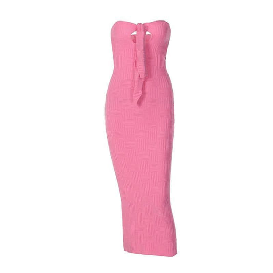 Hollow out knitted backless self tie solid textured tube cut out maxi dress-final-sale