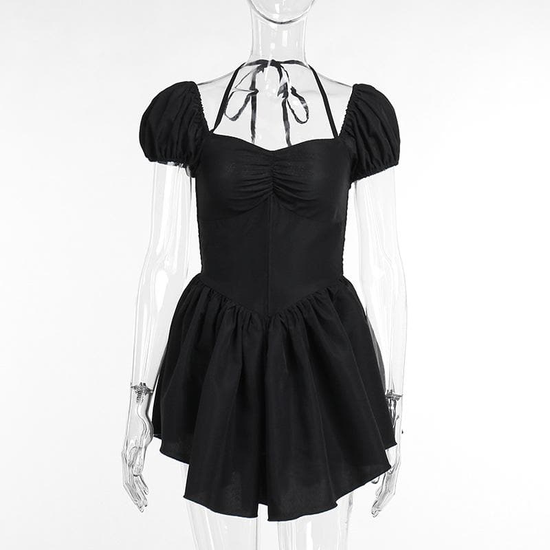 Short puff sleeve sweetheart neck ruched halter smocked mini dress