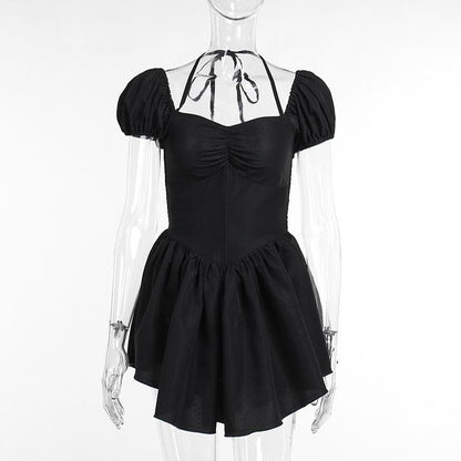 Short puff sleeve sweetheart neck ruched halter smocked mini dress