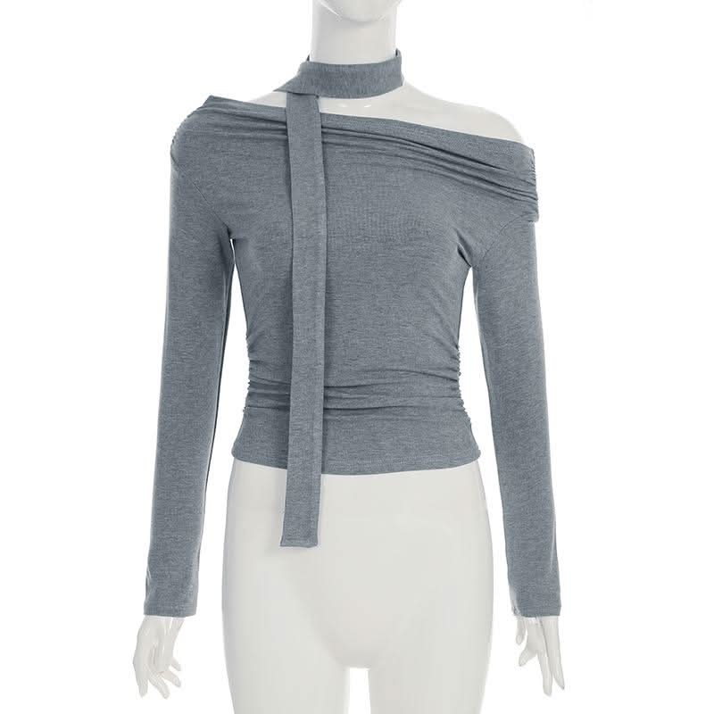 Off shoulder long sleeve ruched solid top