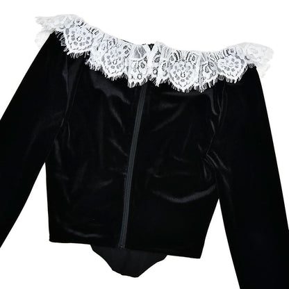 Long flared sleeve lace patchwork velvet zip-up top