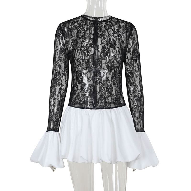 Long sleeve lace patchwork zip-up mini dress