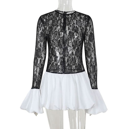 Long sleeve lace patchwork zip-up mini dress