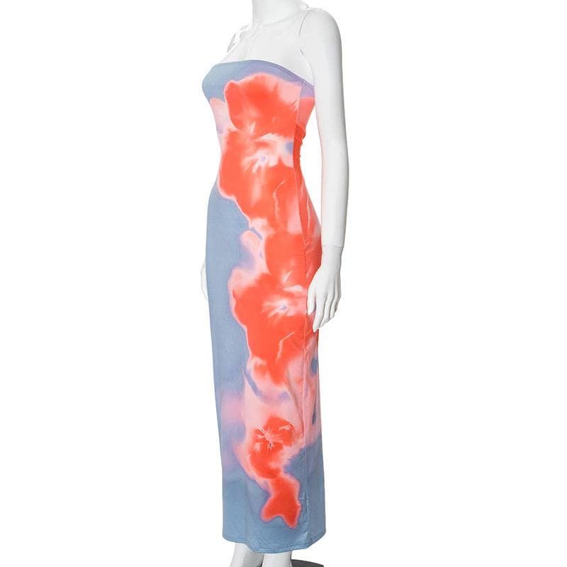High slit flower print backless tube maxi dress