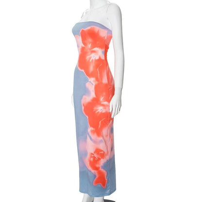 High slit flower print backless tube maxi dress