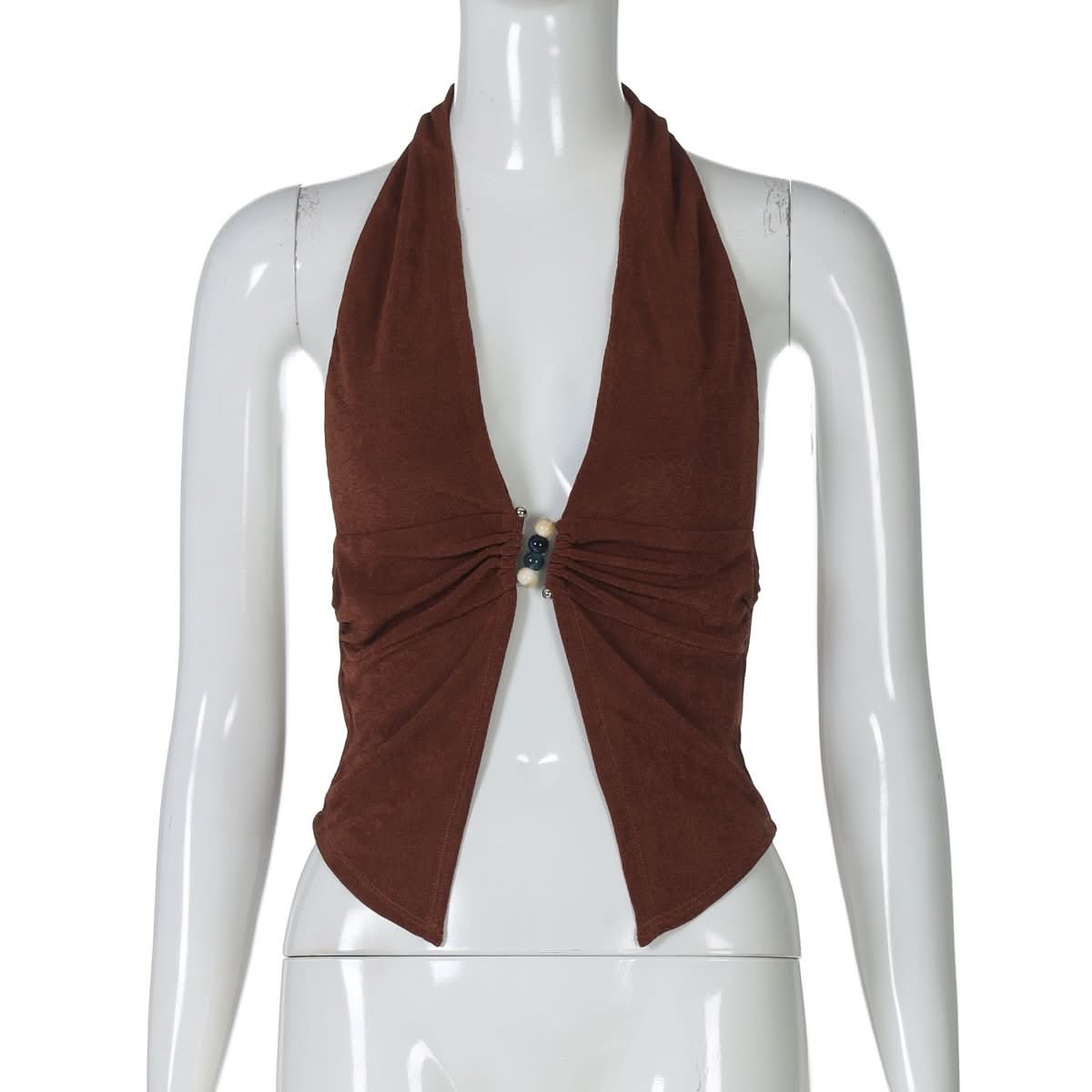 Halter deep V neck beaded ruched slit top