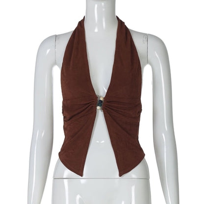 Halter deep V neck beaded ruched slit top