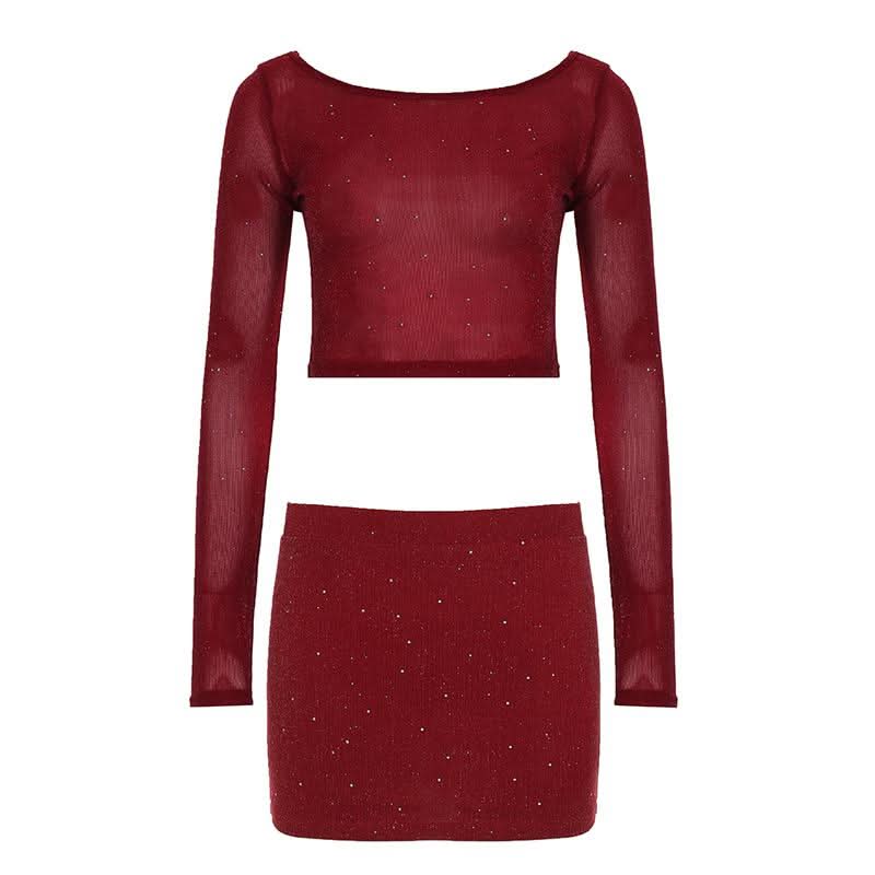 Crewneck long sleeve glitter crop mini skirt set