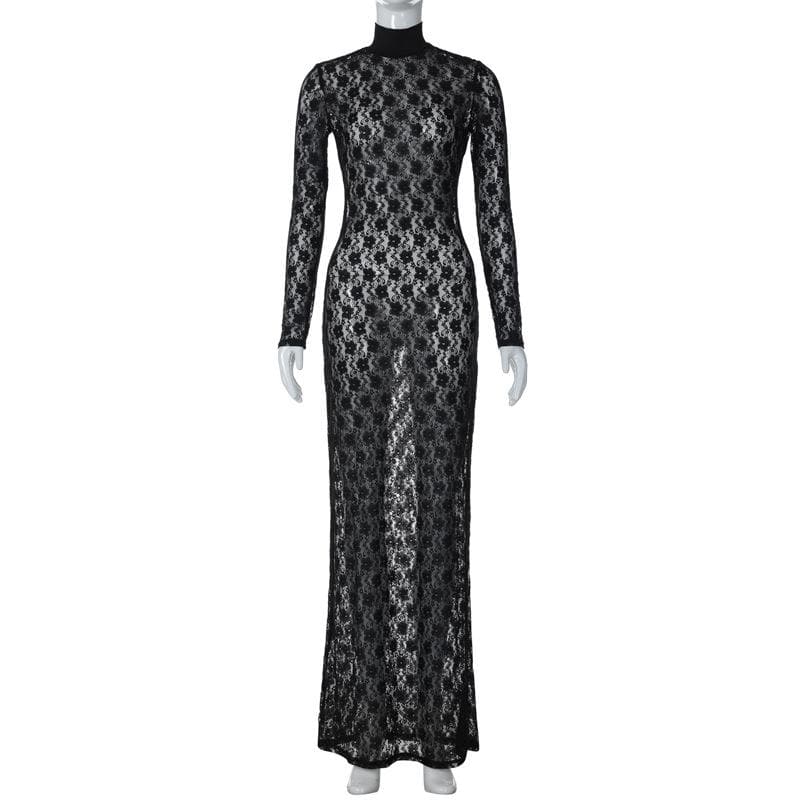 Long sleeve see through high neck lace maxi dress