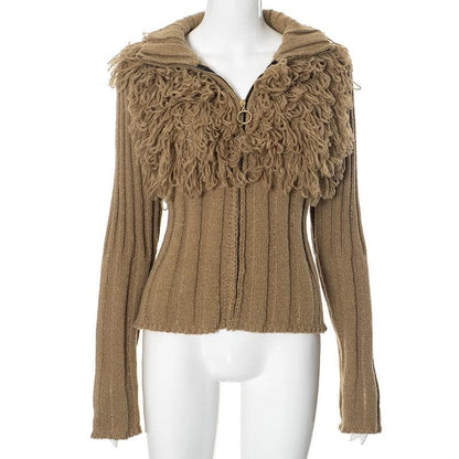 Long sleeve high neck zip-up ribbed knitted top